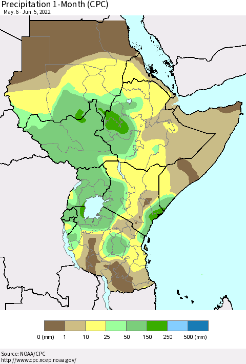 Eastern Africa Precipitation 1-Month (CPC) Thematic Map For 5/6/2022 - 6/5/2022