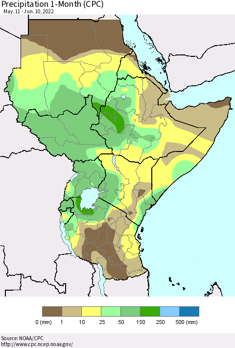Eastern Africa Precipitation 1-Month (CPC) Thematic Map For 5/11/2022 - 6/10/2022