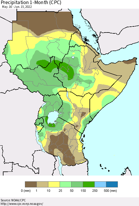 Eastern Africa Precipitation 1-Month (CPC) Thematic Map For 5/16/2022 - 6/15/2022