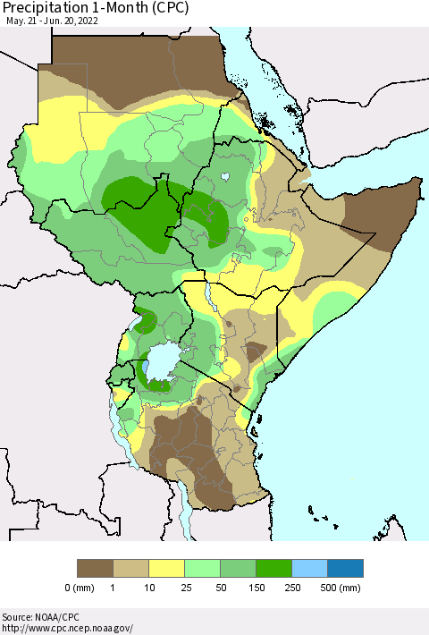 Eastern Africa Precipitation 1-Month (CPC) Thematic Map For 5/21/2022 - 6/20/2022