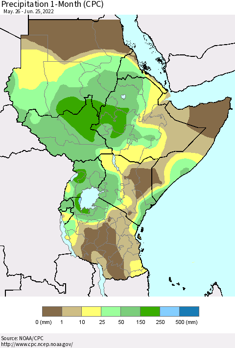 Eastern Africa Precipitation 1-Month (CPC) Thematic Map For 5/26/2022 - 6/25/2022