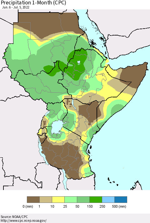 Eastern Africa Precipitation 1-Month (CPC) Thematic Map For 6/6/2022 - 7/5/2022