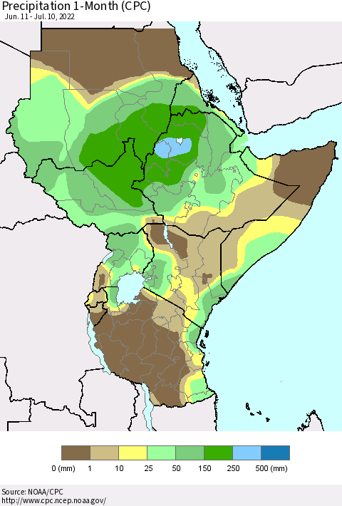 Eastern Africa Precipitation 1-Month (CPC) Thematic Map For 6/11/2022 - 7/10/2022
