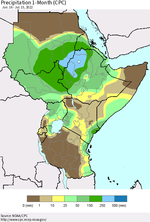 Eastern Africa Precipitation 1-Month (CPC) Thematic Map For 6/16/2022 - 7/15/2022