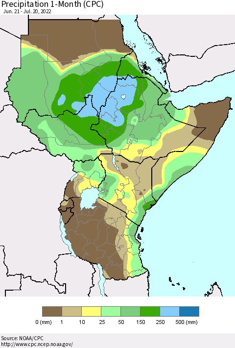 Eastern Africa Precipitation 1-Month (CPC) Thematic Map For 6/21/2022 - 7/20/2022