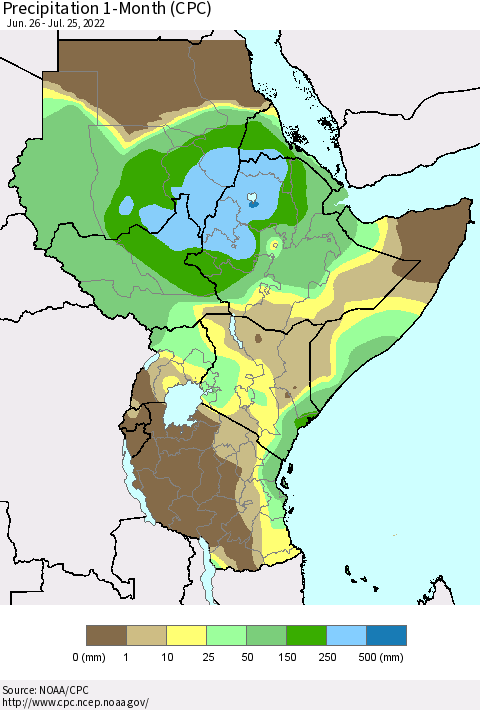 Eastern Africa Precipitation 1-Month (CPC) Thematic Map For 6/26/2022 - 7/25/2022