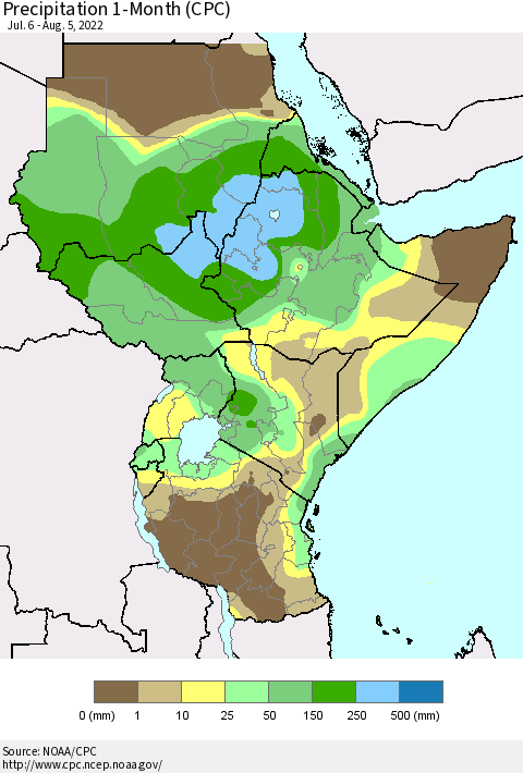 Eastern Africa Precipitation 1-Month (CPC) Thematic Map For 7/6/2022 - 8/5/2022