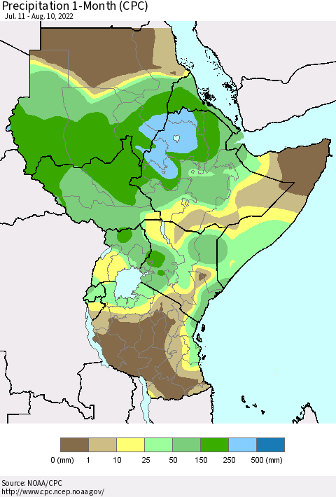 Eastern Africa Precipitation 1-Month (CPC) Thematic Map For 7/11/2022 - 8/10/2022
