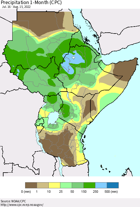 Eastern Africa Precipitation 1-Month (CPC) Thematic Map For 7/16/2022 - 8/15/2022