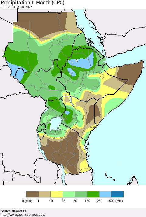 Eastern Africa Precipitation 1-Month (CPC) Thematic Map For 7/21/2022 - 8/20/2022