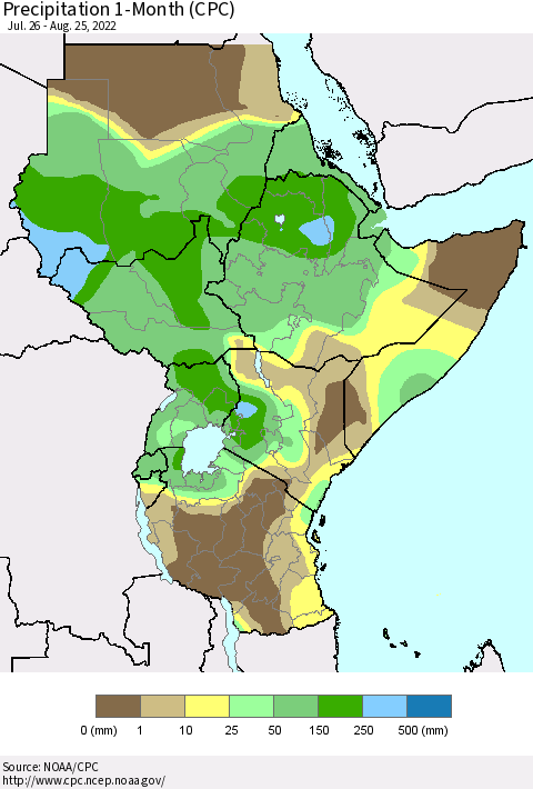 Eastern Africa Precipitation 1-Month (CPC) Thematic Map For 7/26/2022 - 8/25/2022