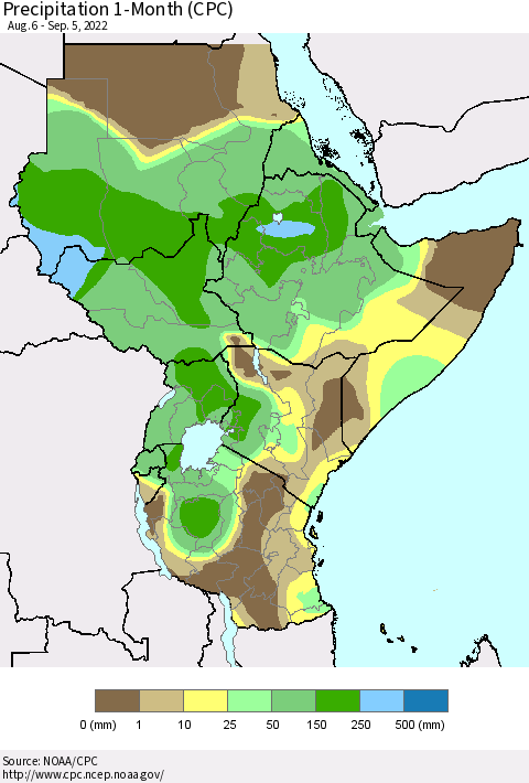 Eastern Africa Precipitation 1-Month (CPC) Thematic Map For 8/6/2022 - 9/5/2022