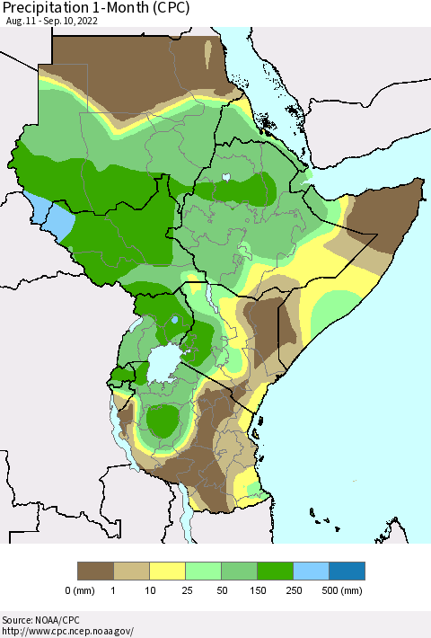 Eastern Africa Precipitation 1-Month (CPC) Thematic Map For 8/11/2022 - 9/10/2022