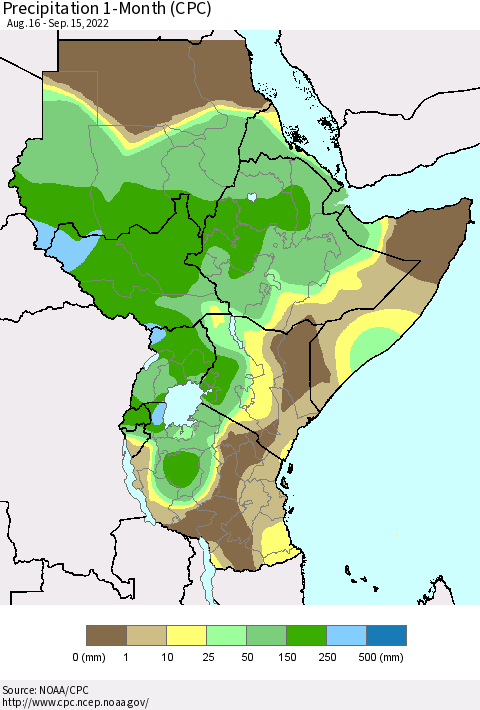 Eastern Africa Precipitation 1-Month (CPC) Thematic Map For 8/16/2022 - 9/15/2022