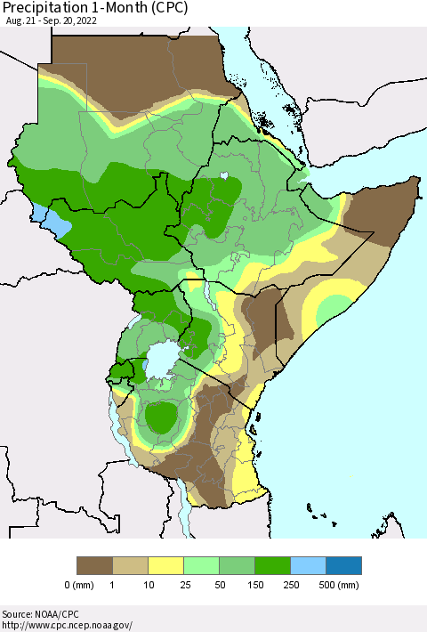 Eastern Africa Precipitation 1-Month (CPC) Thematic Map For 8/21/2022 - 9/20/2022