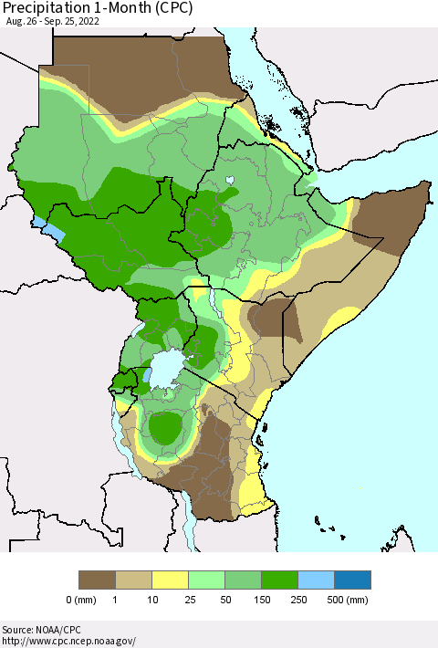 Eastern Africa Precipitation 1-Month (CPC) Thematic Map For 8/26/2022 - 9/25/2022