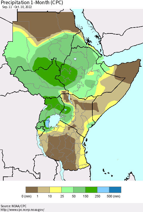 Eastern Africa Precipitation 1-Month (CPC) Thematic Map For 9/11/2022 - 10/10/2022