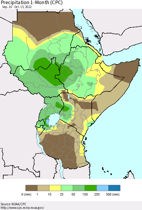 Eastern Africa Precipitation 1-Month (CPC) Thematic Map For 9/16/2022 - 10/15/2022