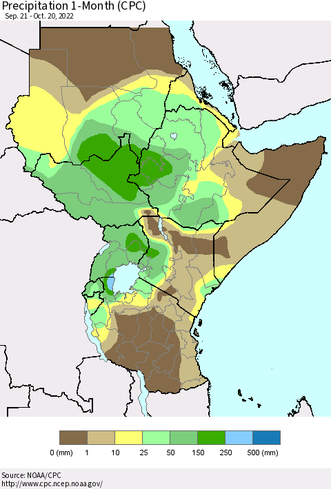 Eastern Africa Precipitation 1-Month (CPC) Thematic Map For 9/21/2022 - 10/20/2022