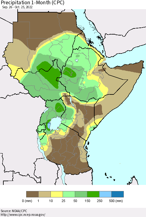Eastern Africa Precipitation 1-Month (CPC) Thematic Map For 9/26/2022 - 10/25/2022