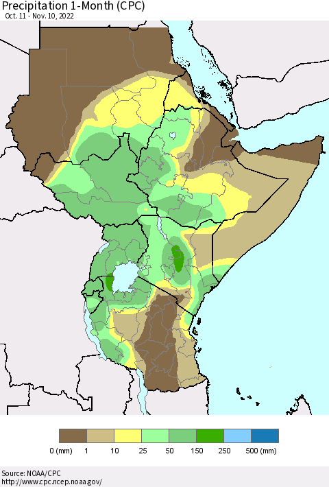 Eastern Africa Precipitation 1-Month (CPC) Thematic Map For 10/11/2022 - 11/10/2022