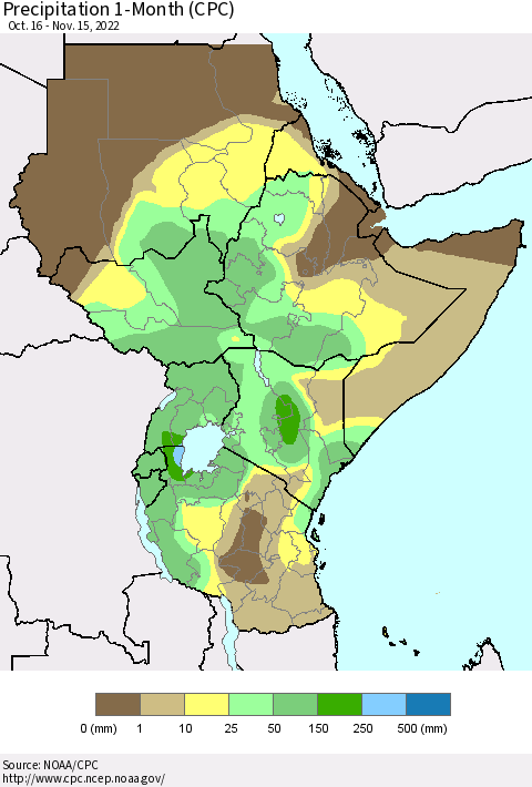 Eastern Africa Precipitation 1-Month (CPC) Thematic Map For 10/16/2022 - 11/15/2022