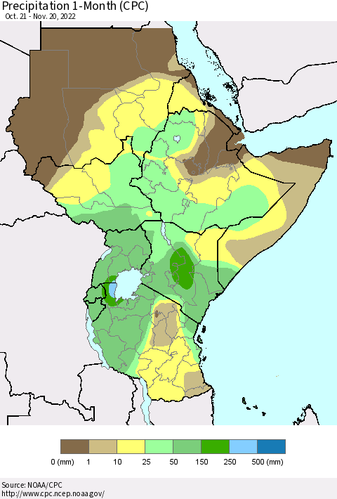 Eastern Africa Precipitation 1-Month (CPC) Thematic Map For 10/21/2022 - 11/20/2022