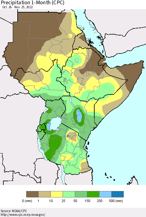 Eastern Africa Precipitation 1-Month (CPC) Thematic Map For 10/26/2022 - 11/25/2022