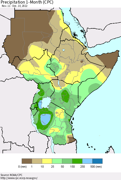Eastern Africa Precipitation 1-Month (CPC) Thematic Map For 11/11/2022 - 12/10/2022