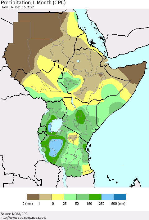 Eastern Africa Precipitation 1-Month (CPC) Thematic Map For 11/16/2022 - 12/15/2022
