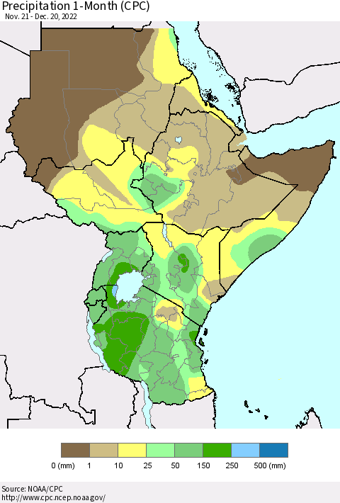 Eastern Africa Precipitation 1-Month (CPC) Thematic Map For 11/21/2022 - 12/20/2022