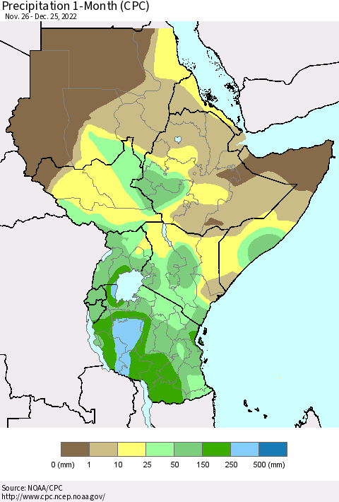 Eastern Africa Precipitation 1-Month (CPC) Thematic Map For 11/26/2022 - 12/25/2022