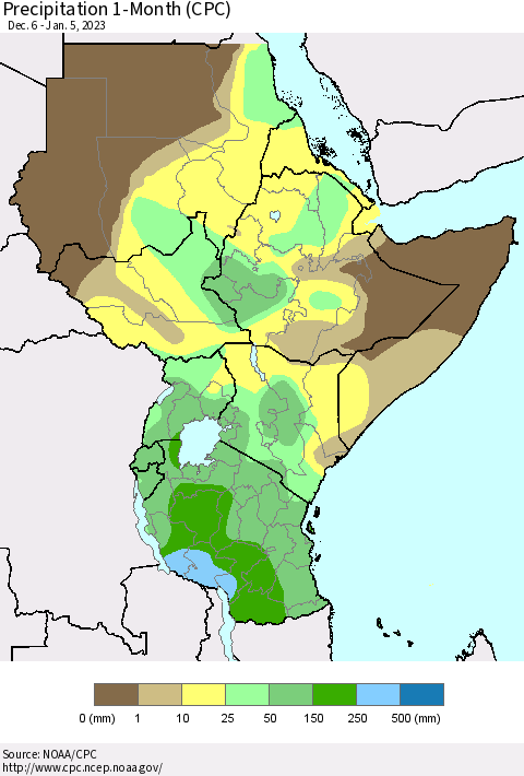 Eastern Africa Precipitation 1-Month (CPC) Thematic Map For 12/6/2022 - 1/5/2023