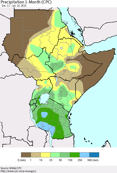 Eastern Africa Precipitation 1-Month (CPC) Thematic Map For 12/11/2022 - 1/10/2023
