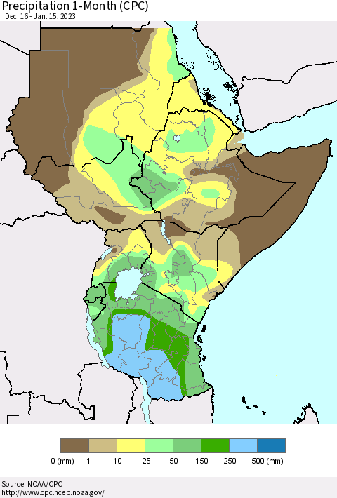 Eastern Africa Precipitation 1-Month (CPC) Thematic Map For 12/16/2022 - 1/15/2023