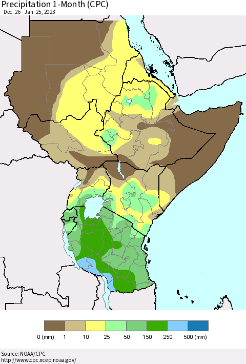 Eastern Africa Precipitation 1-Month (CPC) Thematic Map For 12/26/2022 - 1/25/2023