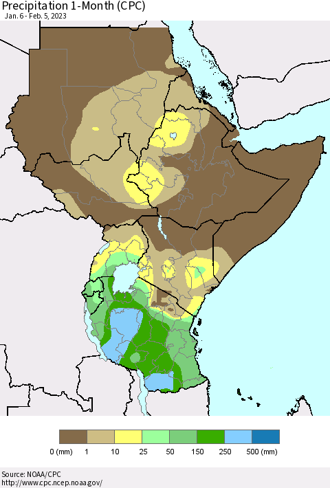 Eastern Africa Precipitation 1-Month (CPC) Thematic Map For 1/6/2023 - 2/5/2023