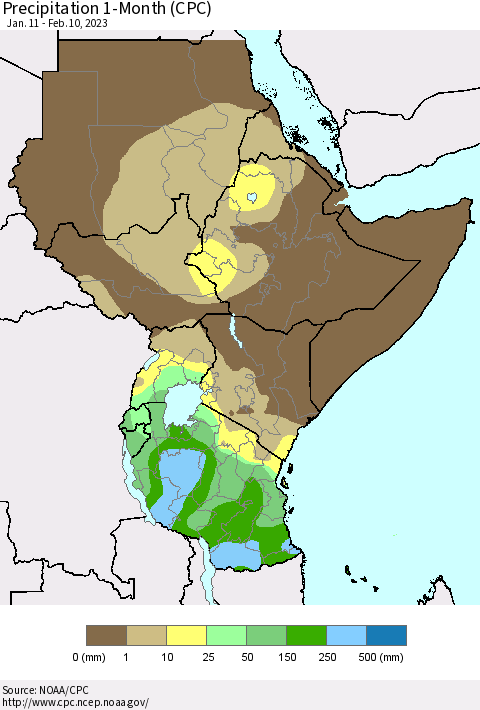 Eastern Africa Precipitation 1-Month (CPC) Thematic Map For 1/11/2023 - 2/10/2023