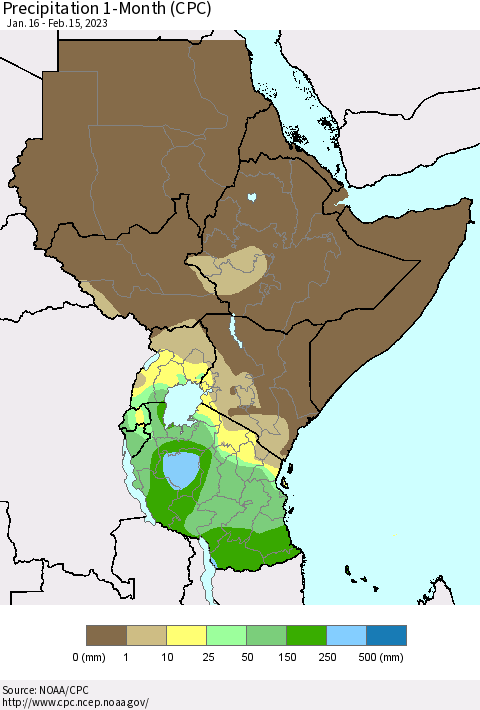Eastern Africa Precipitation 1-Month (CPC) Thematic Map For 1/16/2023 - 2/15/2023
