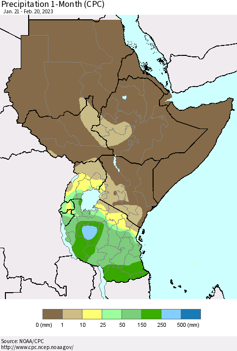 Eastern Africa Precipitation 1-Month (CPC) Thematic Map For 1/21/2023 - 2/20/2023