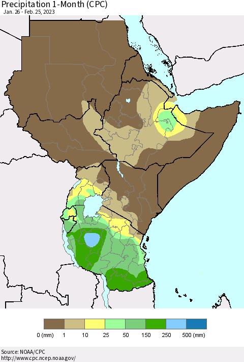 Eastern Africa Precipitation 1-Month (CPC) Thematic Map For 1/26/2023 - 2/25/2023