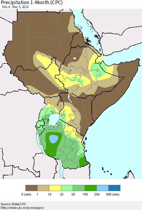 Eastern Africa Precipitation 1-Month (CPC) Thematic Map For 2/6/2023 - 3/5/2023