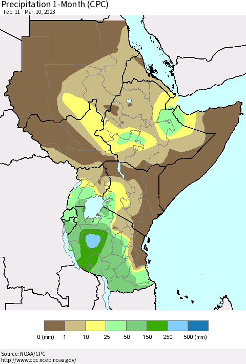 Eastern Africa Precipitation 1-Month (CPC) Thematic Map For 2/11/2023 - 3/10/2023