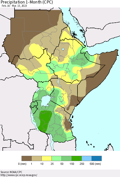 Eastern Africa Precipitation 1-Month (CPC) Thematic Map For 2/16/2023 - 3/15/2023