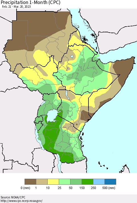 Eastern Africa Precipitation 1-Month (CPC) Thematic Map For 2/21/2023 - 3/20/2023