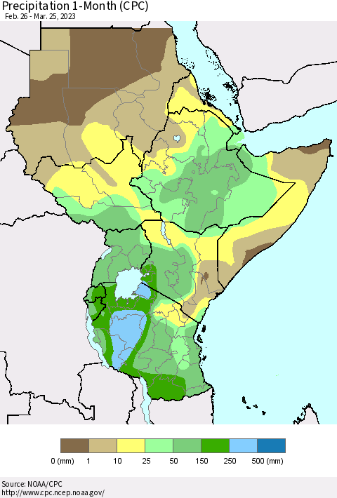 Eastern Africa Precipitation 1-Month (CPC) Thematic Map For 2/26/2023 - 3/25/2023