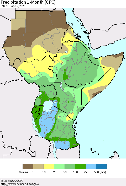 Eastern Africa Precipitation 1-Month (CPC) Thematic Map For 3/6/2023 - 4/5/2023