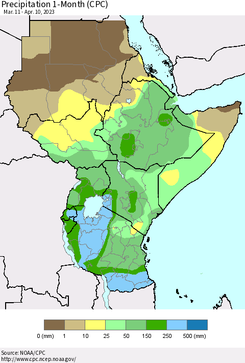 Eastern Africa Precipitation 1-Month (CPC) Thematic Map For 3/11/2023 - 4/10/2023