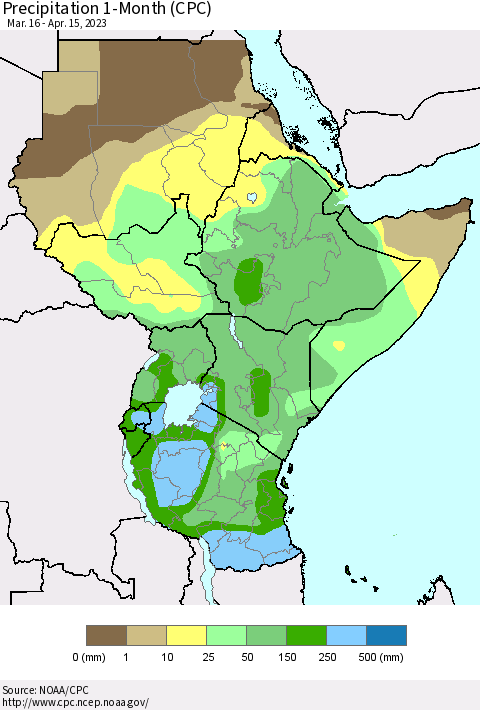 Eastern Africa Precipitation 1-Month (CPC) Thematic Map For 3/16/2023 - 4/15/2023