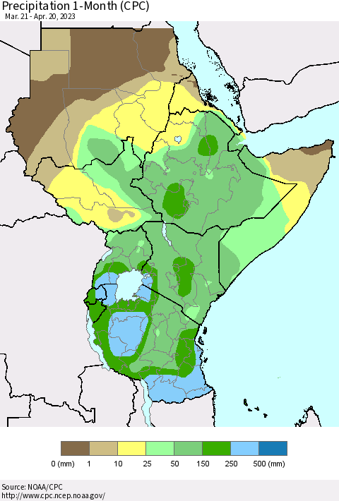 Eastern Africa Precipitation 1-Month (CPC) Thematic Map For 3/21/2023 - 4/20/2023